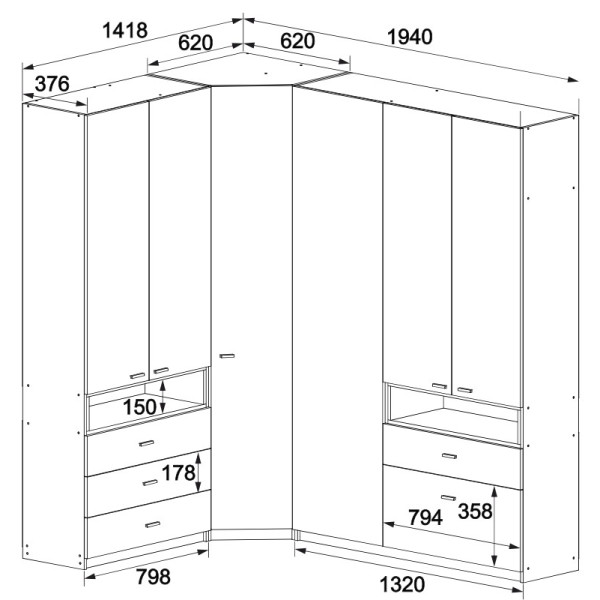 Прихожая угловая Тетрис 1418х1940х2000 мм Антрацит/крафт золотой (31306) Master-Form