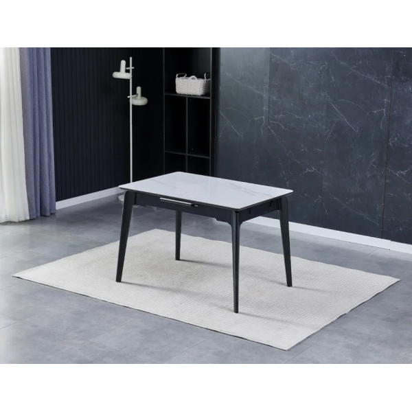Стол обеденный раскладной BERLIN CERAMIC 111(140)*75 белый глянец / черный каркас Intarsio