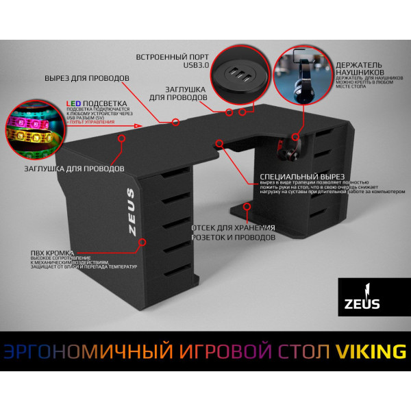 Геймерский стол Viking-2L, (1800x870/920 мм), черный-белый Zeus-Game