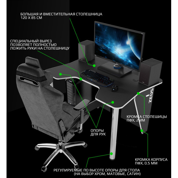 Геймерский стол IGROK-3 черный-белый Zeus-Game